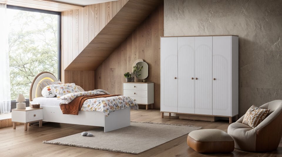 BOHOSTYLE 3 KAPILI DOLAP+ÇALIŞMA MASASI+100*200 KARYOLA