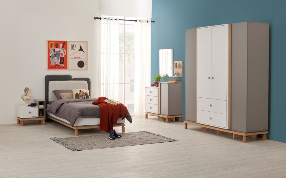 GRAY 3 KAPILI DOLAP+ÇALIŞMA MASASI+100*200 KARYOLA