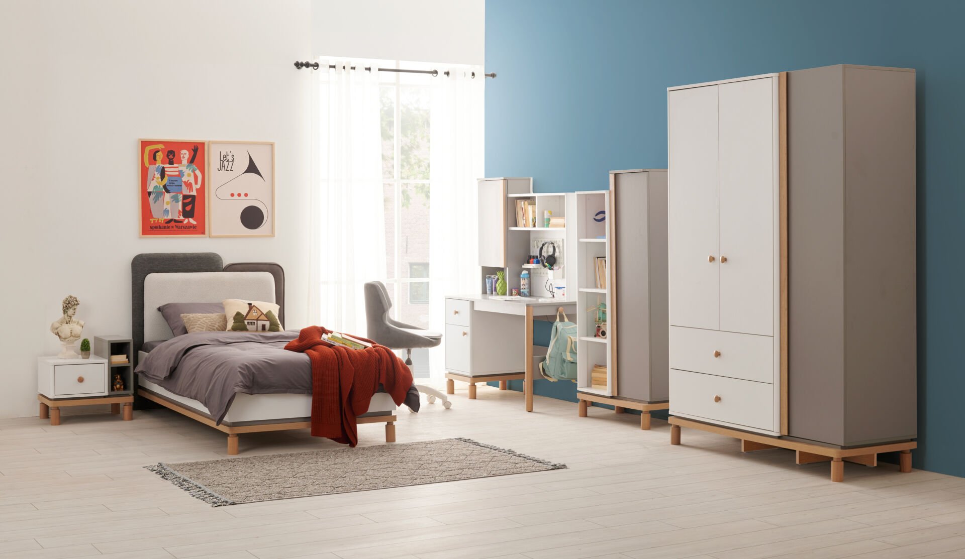 GRAY 3 KAPILI DOLAP+ÇALIŞMA MASASI+100*200 KARYOLA