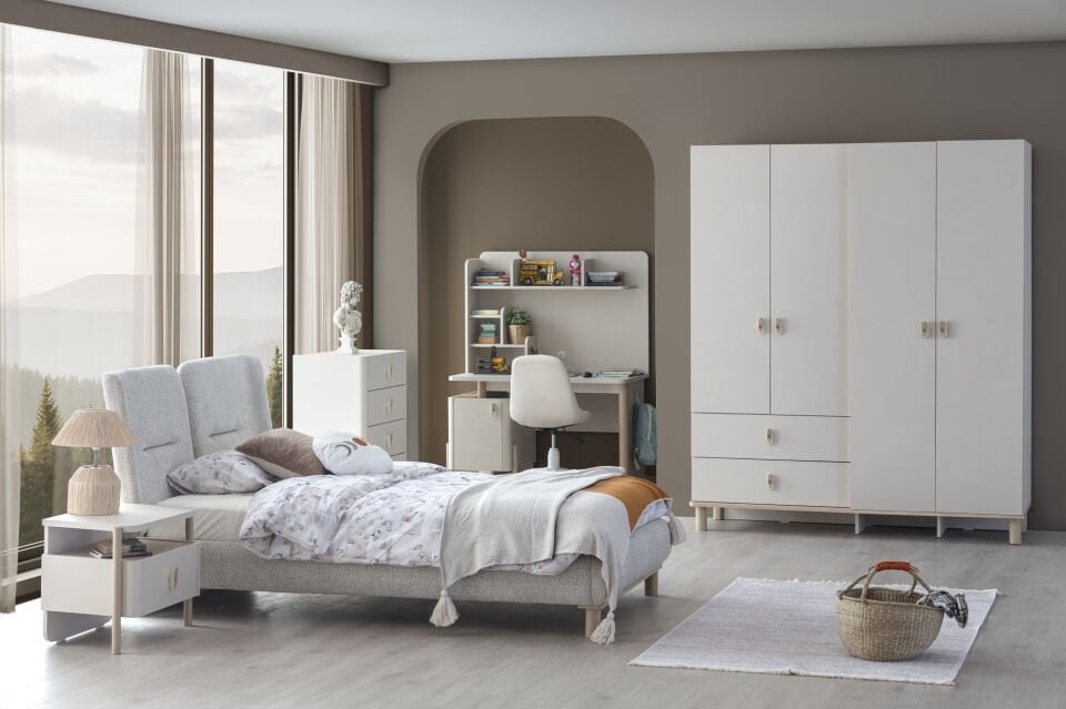 MARVEN 3 KAPILI DOLAP AHŞAP KAPAKLI+ÇALIŞMA MASASI+100*200 KARYOLA