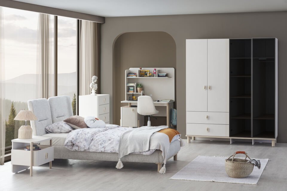 MARVEN 3 KAPILI DOLAP AHŞAP KAPAKLI+ÇALIŞMA MASASI+100*200 KARYOLA