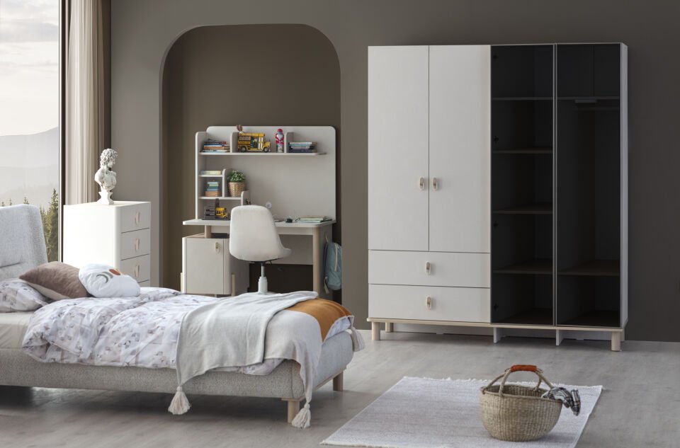 MARVEN 3 KAPILI DOLAP AHŞAP KAPAKLI+ÇALIŞMA MASASI+100*200 KARYOLA