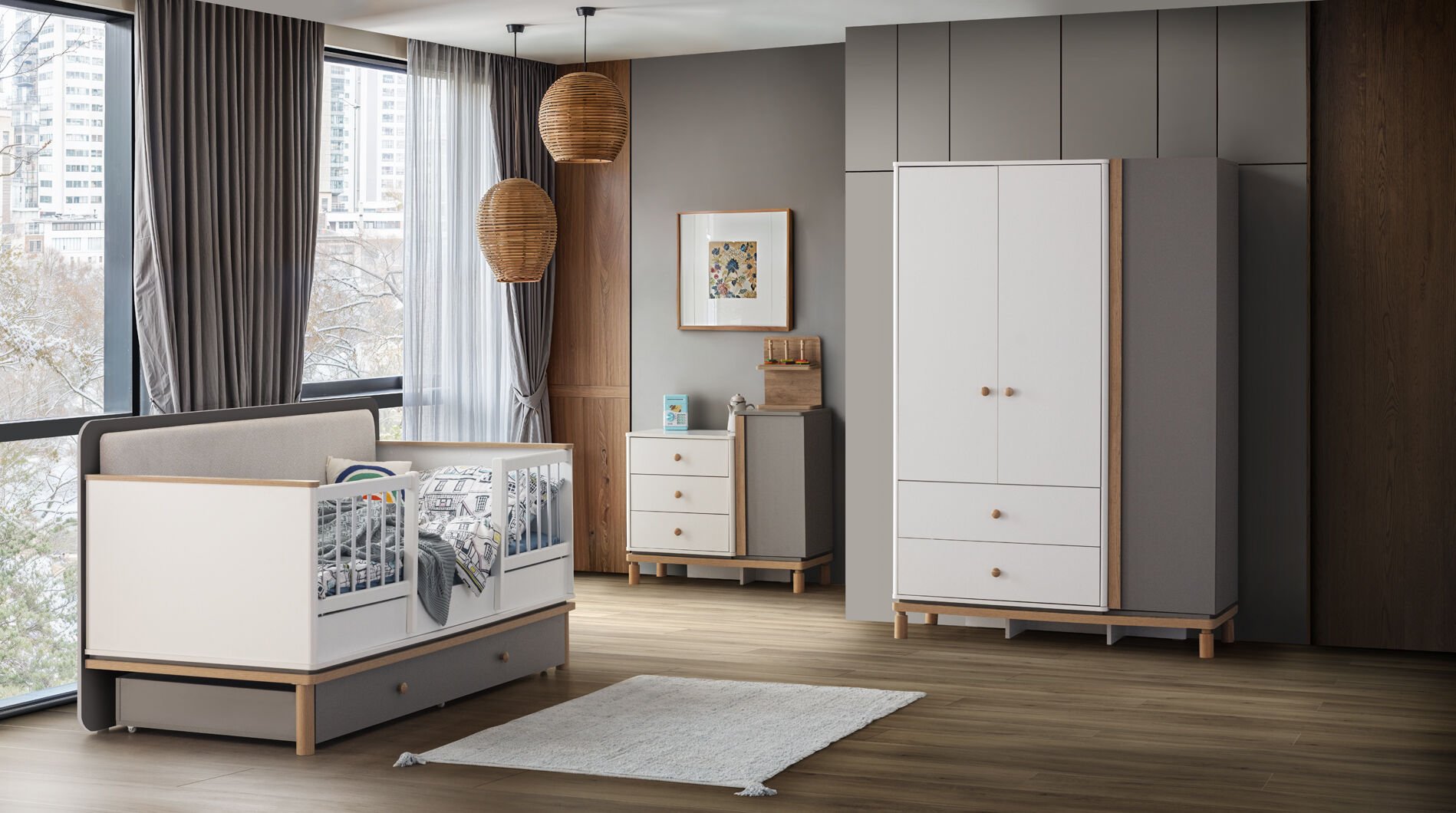 GRAY 3 KAPILI DOLAP + ŞİFONYER + YENİ 90*190 MONTESSORI KARYOLA