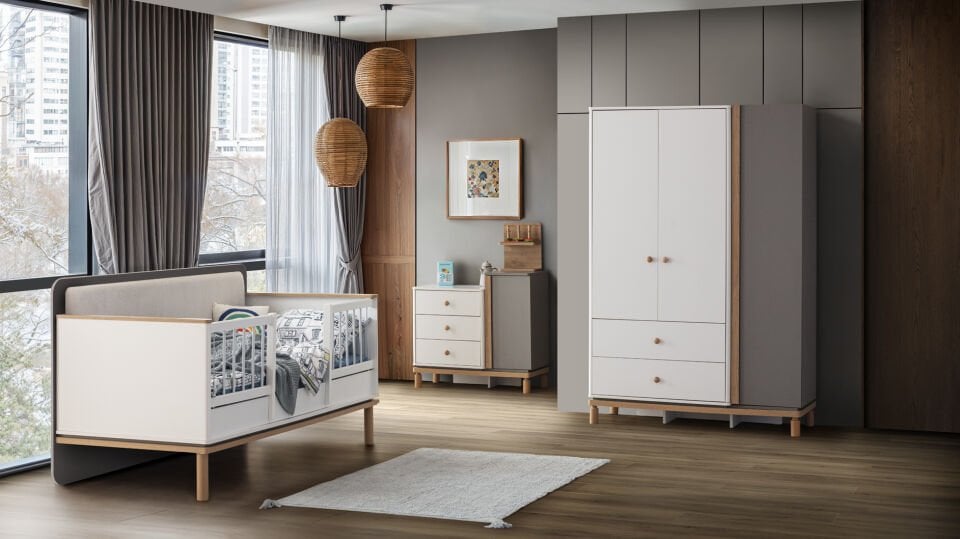 GRAY 3 KAPILI DOLAP + ŞİFONYER + YENİ 90*190 MONTESSORI KARYOLA